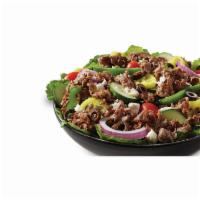 Greek Steak Salad · Hot Grilled Sirloin Steak, Crisp Romaine Lettuce, Onions, Tomatoes, Cucumbers, Green Peppers...