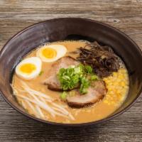 Miso · Pork broth with miso sauce, marinated boiled egg, seaweed, bean sprouts, black fungus, and g...