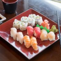 90F. Sushi and Sashimi Combo · 15 pieces. Includes 6 pieces California roll, 3 pieces salmon sashimi and 2 pieces tuna sash...