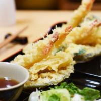 Tempura vegetable & shrimp  · Sweet potato, zucchini, onion ring, broccoli, green bean and tempura shrimp. 