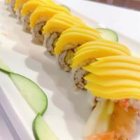 Avatar Roll · Shrimp, tempura, cucumber, crab salad, avocado inside and mango on top.