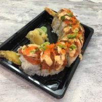 Hot Night Roll · Inside stuffed with shrimp tempura, crab, and avocado. Outside spicy tuna, smelt egg, and gr...