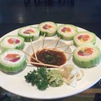Lollipop Roll · Inside stuffed with tuna, salmon, snapper, crab, and avocado. Outside cucumber wrapped.