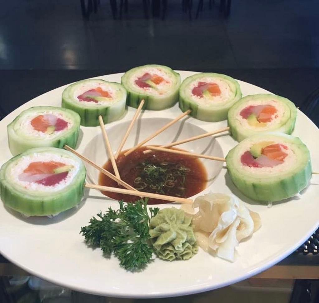 Lollipop Roll · Inside stuffed with tuna, salmon, snapper, crab, and avocado. Outside cucumber wrapped.