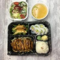 Chicken Teriyaki Bento · All bento boxes served with miso soup, salad, and rice and Cali roll.
