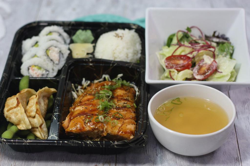 Salmon Teriyaki Bento · All bento boxes served with miso soup, salad, and rice and Cali roll.