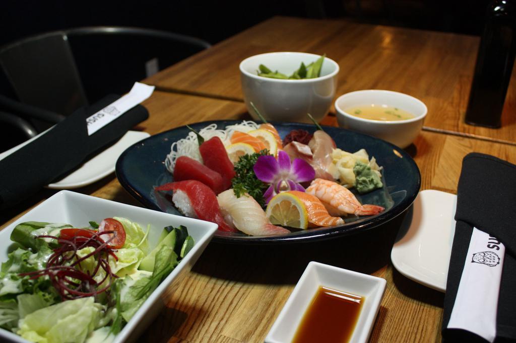 Love Set Combo · 4pc sushi, 6pc sashimi, 2 miso, 2 salad, edamame.