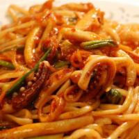 30. Squid Noodle · Spicy stir fried vegetables with pork or chicken and noodles.