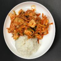 40. Tofu Kimchi · Rice dish with stir fried kimchi, vegetables and thinly sliced tofu.