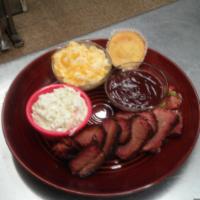 beef Brisket Dinner · 1/2 lb of brisket served with 2 sides, 1 pc of honey corn bread and a drink.
