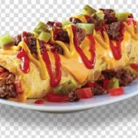 Cheeseburger Omelette · 100% USDA choice beef, hash browns, fresh tomatoes, onions, and American. Topped with ketchu...