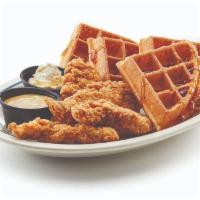Chicken & Waffles · Four buttermilk crispy chicken breast strips made with all-natural chicken& our house-made B...