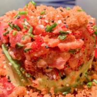 Tuna Tartare · Tuna, red crispy onion, avocado, chives, ponzu sauce, sesame and sesame oil.