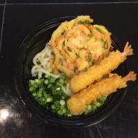 Tempura Udon · 2 pcs shrimp tempura, 1 pc kakiage with hot udon noodle soup.