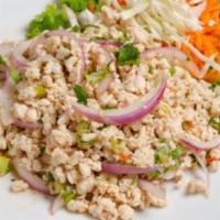 Larb Gai Minced Chicken Salad · Chopped cooked chicken, scallion, cilantro, red onion, roasted ground rice with chili powder...