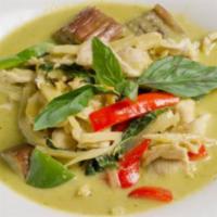 Green Curry  🌶 · Choice of protein in Thai green curry paste, bamboo shoot, green bell pepper and Chinese egg...