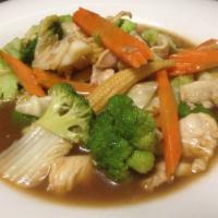 Pad Mixed Vegetables · Choice of protein sauteed with garlic, broccoli, snow peas, carrots, and green cabbage in sp...