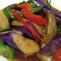 Spicy Eggplant Jae · Sauteed Chinese eggplant in chili and garlic sauce with fresh basil and bell pepper.