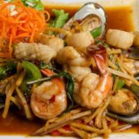 Seafood Combination · Combination of shrimp, scallop, squid and mussel sauteed with bell pepper, bamboo shoot and ...