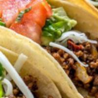 3 Spicy Beef Tacos · 2oz. Ground beef tacos with a kick! Topped with shredded lettuce, tomatoes, cilantro and sou...