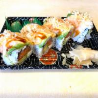 Magic Roll · Salmon, cream cheese topped with steamed shrimp and avocado. 