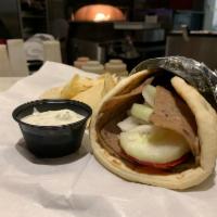 Gyro Sandwich · Gyro meat, tomato, cucumber and onion, in a warm pita. Served with house-made tzatziki.