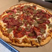 Meat Head Pizza · For the carnivores, our signature cheese blend and red sauce, with sausage, pepperoni, Canad...