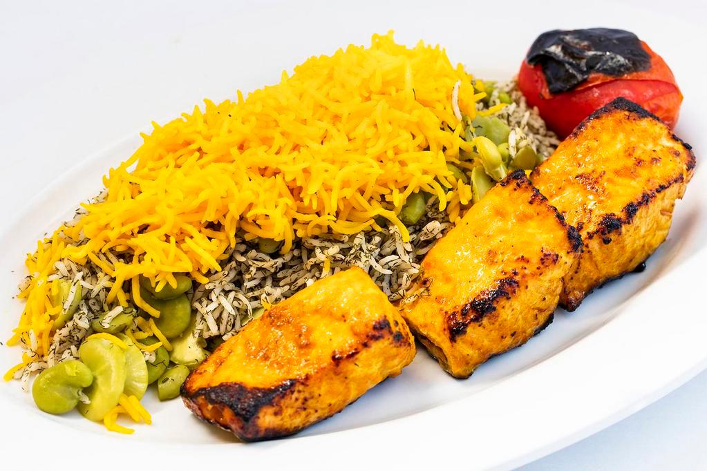Salmon Kabob · Fresh filet of marinated salmon in special sauce grilled on flame.