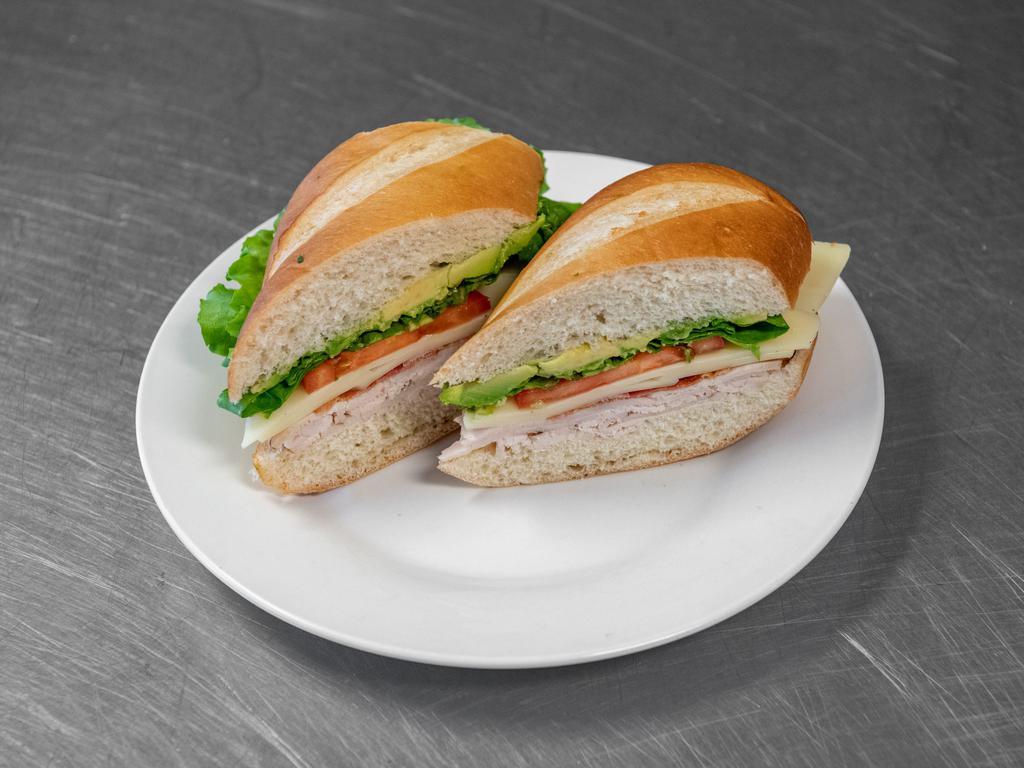 013. California Club Sandwich · Roasted turkey, bacon, Swiss cheese, avocado, lettuce, tomato, mayo and sliced bread.