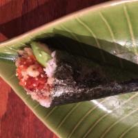 Spicy Tuna Handroll w/ avocado, crunch, & eel sauce · 