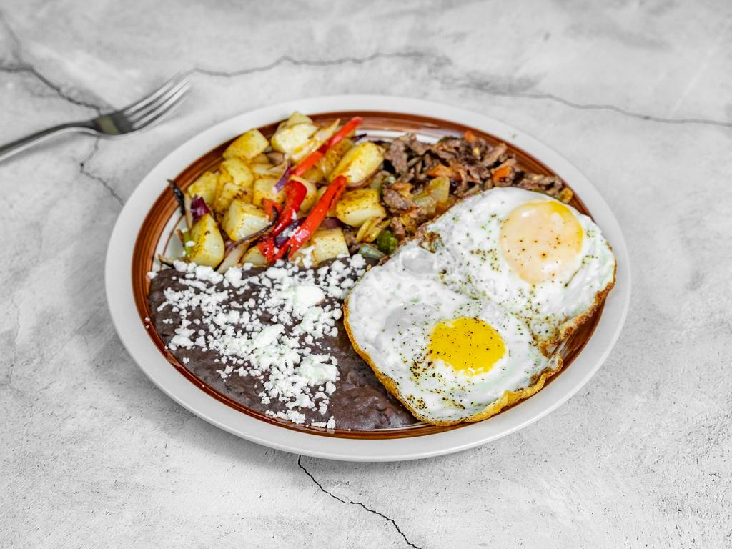Steak Picado & Eggs · 2 eggs any style, grilled asada w/ onion, tomato, & jalapeño side of black beans and country potatoes