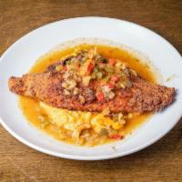 Dejavoo Special · Fried catfish topped with crawfish etouffee and pimento cheese grits.