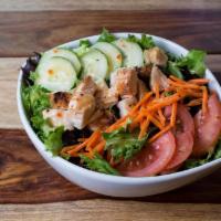 Large Super Garden Salad with Chicken · Mix greens, grilled chicken breast,  cucumbers, shredded carrots and tomatoes. 