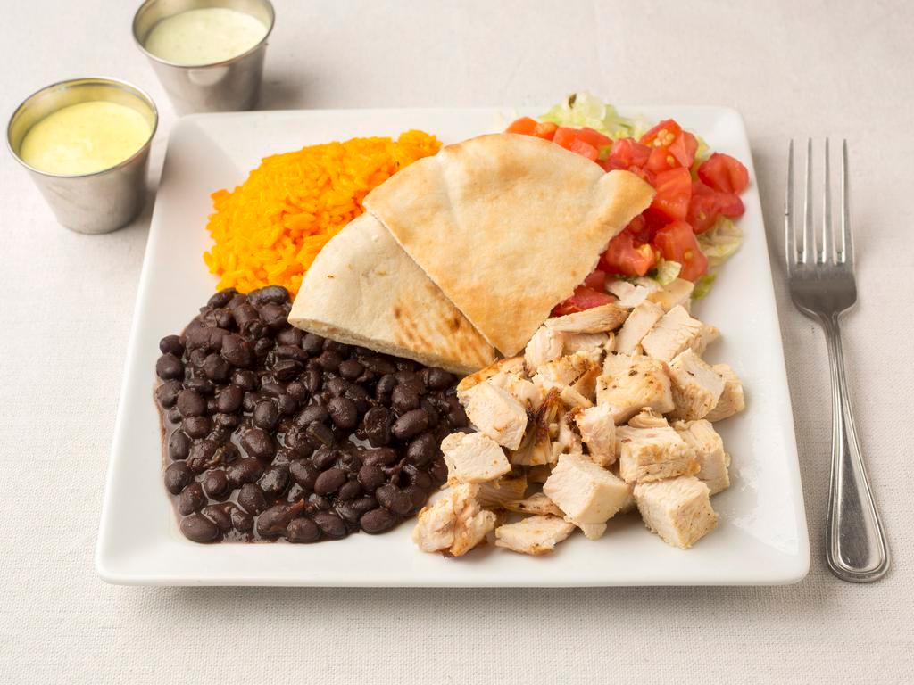 Latin Chop - Regular · Chopped grilled chicken breast, choice of rice, lettuce, tomatoes, black beans and pita. Your choice of sauce (1 sauce for a regular, 2 sauces for a large).