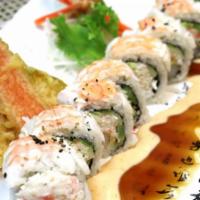 Tiger Roll · Shrimp tempura roll with shrimp on top, mayo, and eel sauce.