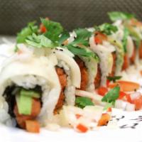 Hot Tuna Roll · Spicy tuna with cucumber, escolar, avocado, and Japanese salsa sauce. Spicy.