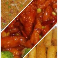 C31. General Tso's Chicken Combination · Served with pork fried rice and egg roll. Hot and spicy. 