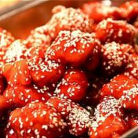 H13. Sesame Chicken · White meat. Served with white rice. Spicy.