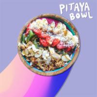 Pitaya Bowl · Blended pitaya, strawberries, pineapple, banana, and apple. Topped with granola, sliced almo...