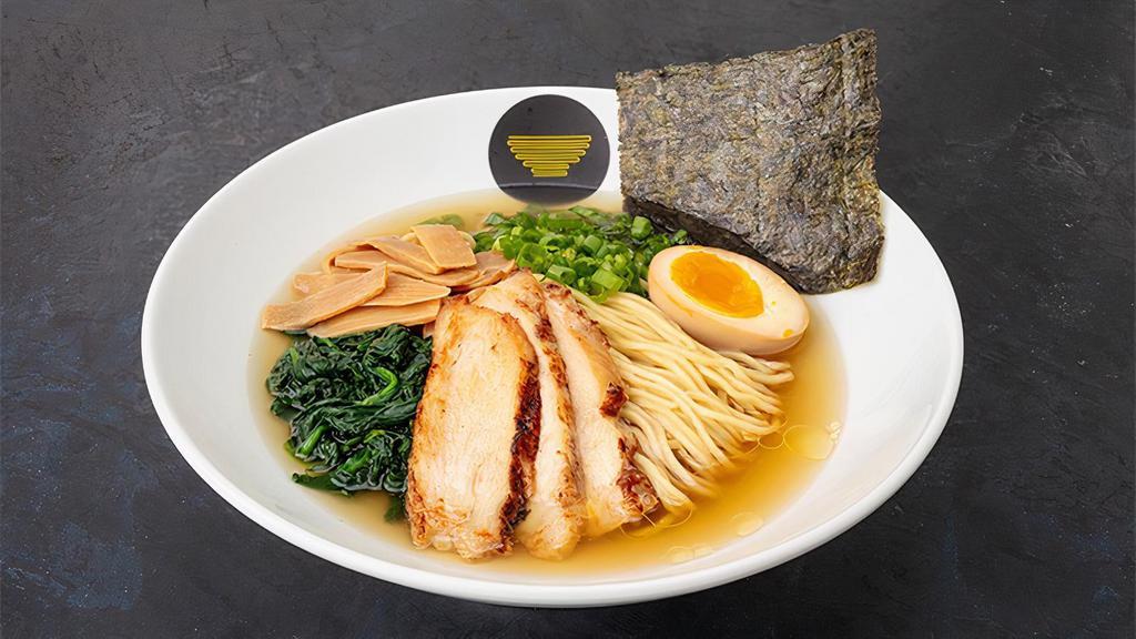 The Shoyu · Clear chicken broth with shoyu, bamboo shoot, spinach, green onion, seaweed, and egg. Your choice of protein.