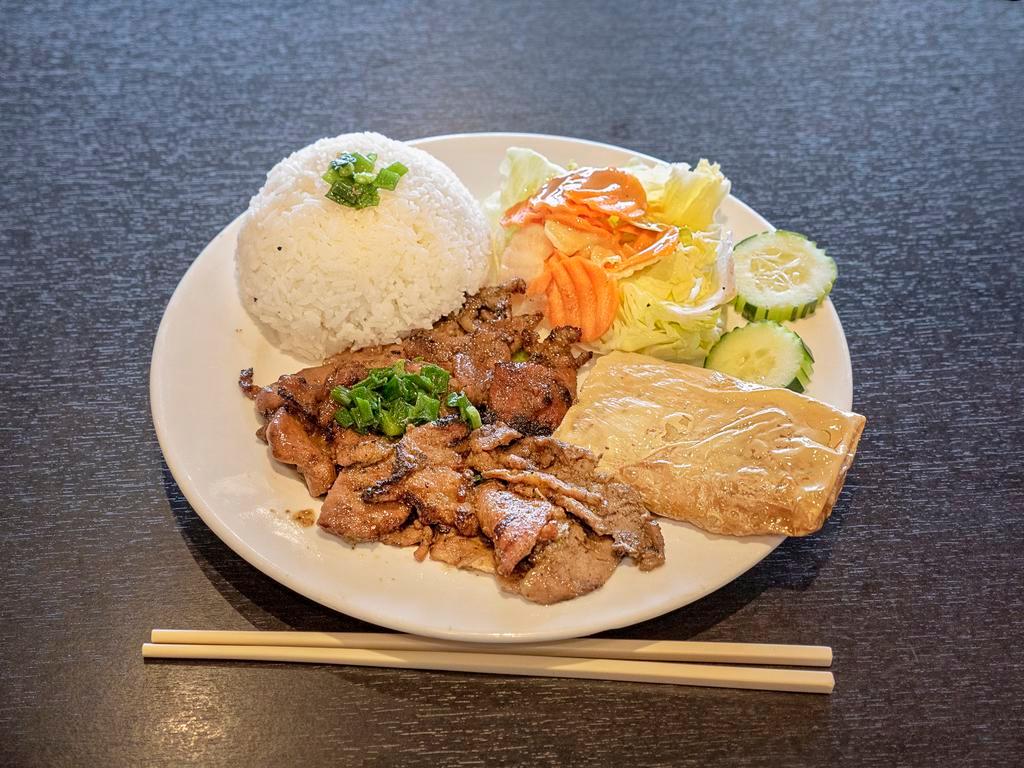 201. Grilled Pork Slice, Bean Curd Wrapper Shrimp Paste Over Rice · Cơm Tấm Thịt Nướng Tàu Hủ Ky
