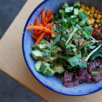 Poke Bowl Salad · Wild yellowfin ahi tuna poke. Served over chilled ramen noodles or green onion ginger rice. ...