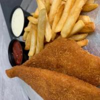 Fish and Chips · Includes 2 pieces. Juicy and tender on the inside and golden crispy on the outside. Served w...