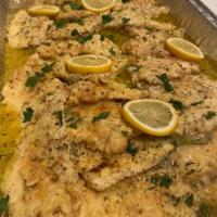 Chicken Frances · Battered and braised in lemon, butter, and white wine sauce.