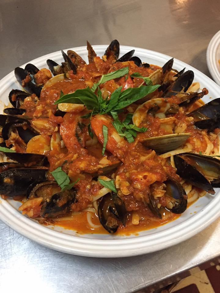 Seafood Fra Diablo · Shrimp, clams, and mussels in a spicy marinara sauce served with linguine.