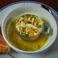 Quart of Chicken Soup with Plenty of Chicken & Egg Noodles · thick-sliced challah