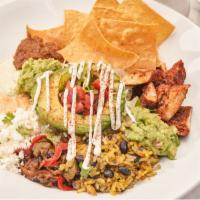 Mexican Burrito Bowl · chicken, avocado, peppers, onions, cojita cheese, black beans, saffron rice, crema, pico de ...