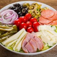 Rosati's Antipasto Salad · Romaine and iceberg lettuce, spinach leaves, green pepper, red onion, black and green olives...