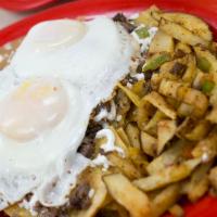 Huevos Rancheros Especial · 2 eggs topped with choice of meat and green salsa served with refried beans, fresh white che...