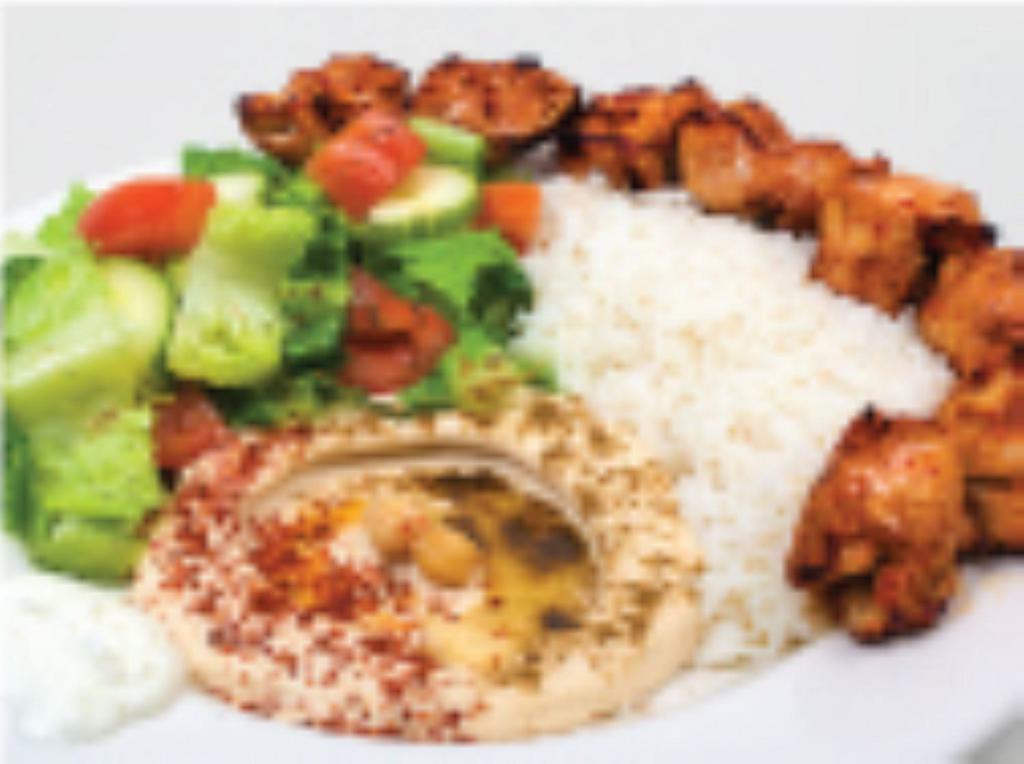 Kabob & Hummus Bowl OR Build Your Own Kabob Plate · Kabob & Hummus Bowl is served with Hummus, Rice, Salad and your Choice of Meat or Falafel.
Build Your Own Kabob Plate is served with choice of meat, vegetable, and side item.